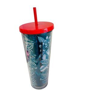 Starbucks‎ Tumbler Blue Floral With Red Lid Straw 24 Oz Comes With Green Straw